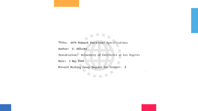 Portada original del documento RFC 8, redactado en 1969 por G. Deloche (UCLA) como parte del proyecto ARPANET.
