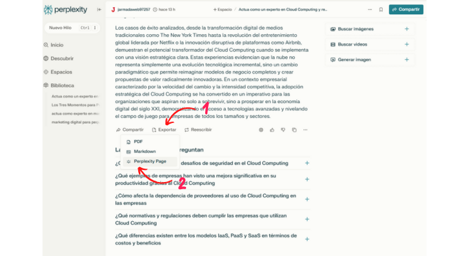 Exporta los resultados - Perplexity Page