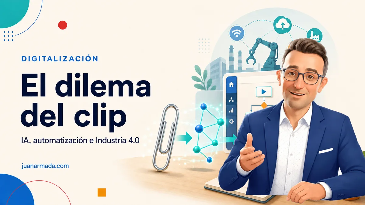 Portada de El dilema del clip, con un clip conectado a un sistema digital, automatización e Industria 4.0.