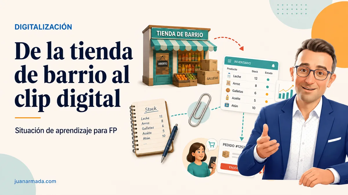 Portada de De la tienda de barrio al clip digital, con una tienda local conectada a inventario y pedidos digitales.