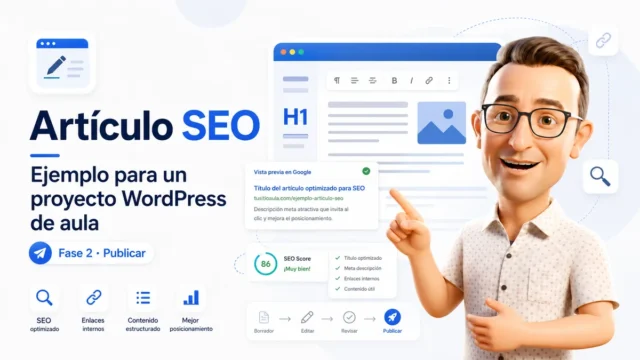 Ilustración de un artículo SEO para un proyecto WordPress de aula con elementos de contenido, enlaces internos y publicación