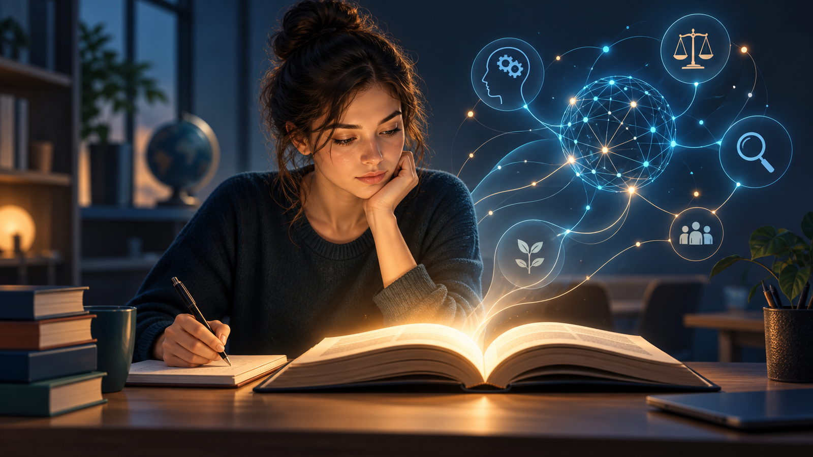 Estudiante leyendo y tomando notas junto a una representación visual de inteligencia artificial y pensamiento crítico
