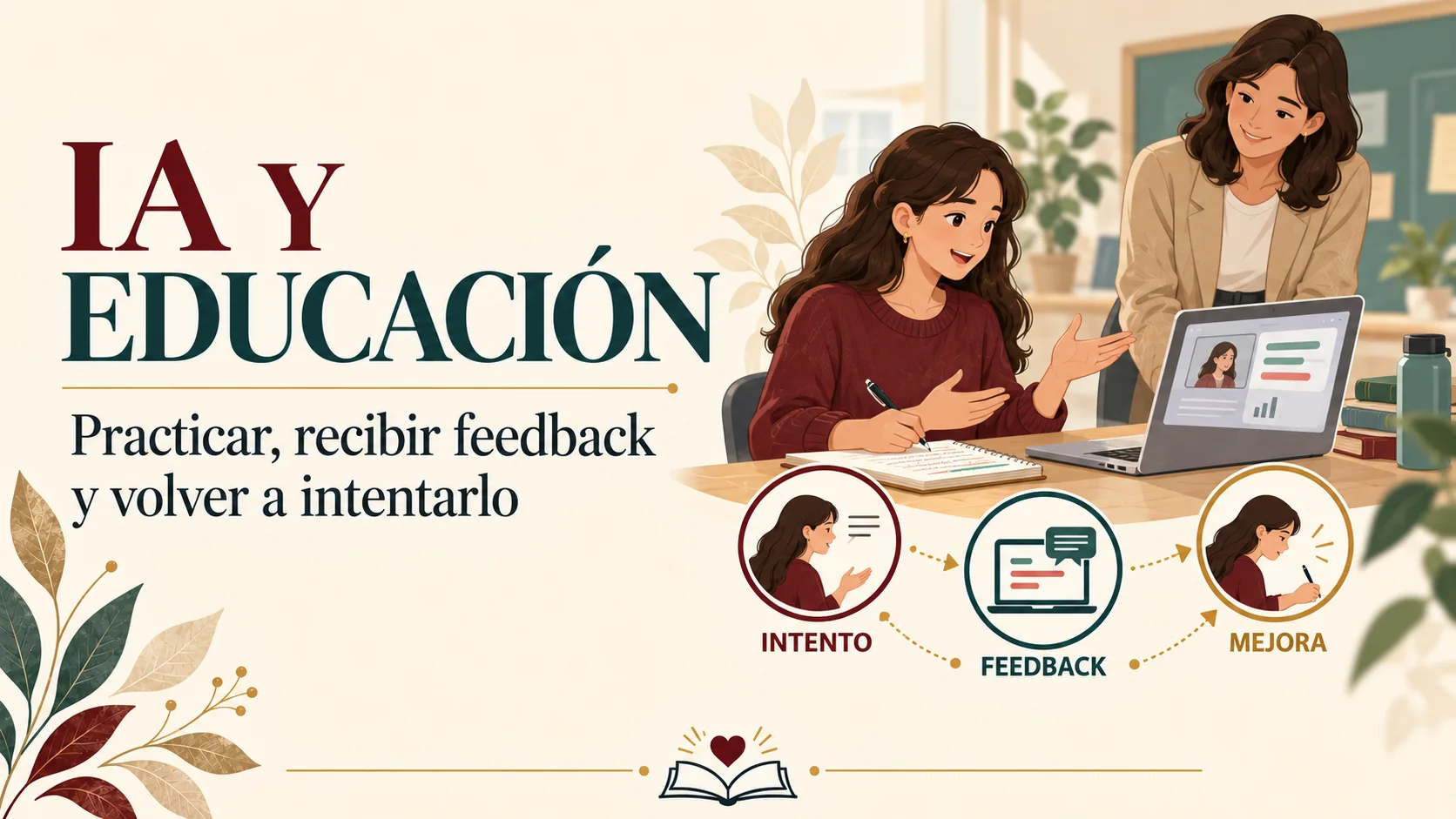 Estudiante que practica una actividad, recibe feedback con IA y mejora con supervisión docente