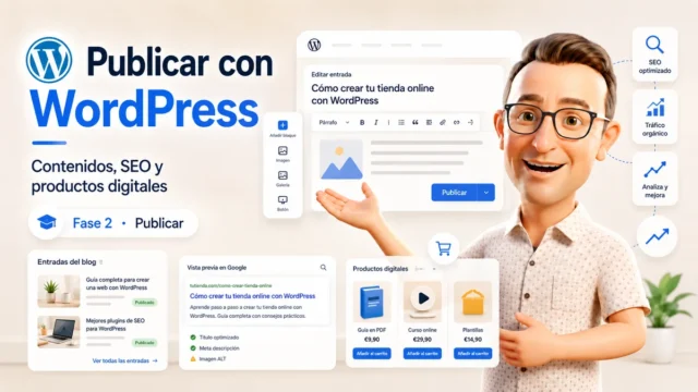 Imagen destacada de la fase Publicar con WordPress, centrada en contenidos, SEO y productos digitales en el aula
