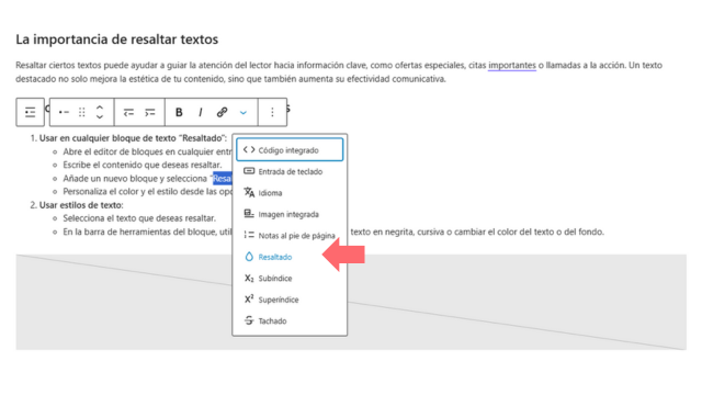 Cómo resaltar textos en el editor de bloques