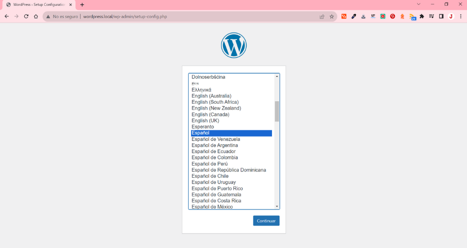 Selección del idioma en el proceso de instalación de WordPress